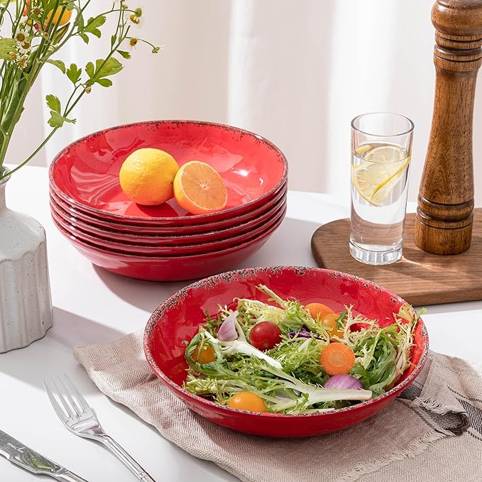 Farmhouse Melamine Pasta Bowls Set of 6, 42 OZ Large Serving Bowls Set, 9.25 inch Ramen Bowls,Wide and Shadow Rustic Red Round Dinner Bowl, Fruit bowl, Noodle Bowl, Salad Bowl Set, Red…