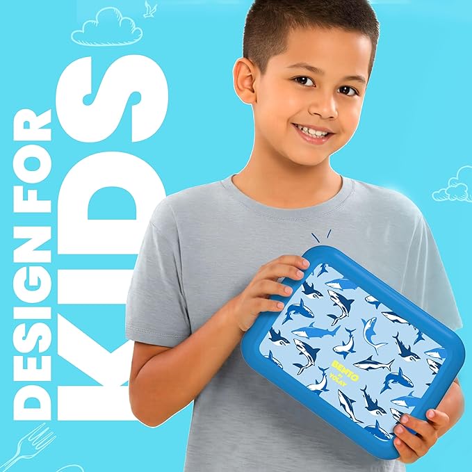 YOLAY Bento Box for Kids Lunch Box Leak-Proof, 5-Compartment Lunch Box Kids for Ages 3-10, Durable with Anti-Slip Base, Suitable for Schools, Outdoor and Travel (Sharks)