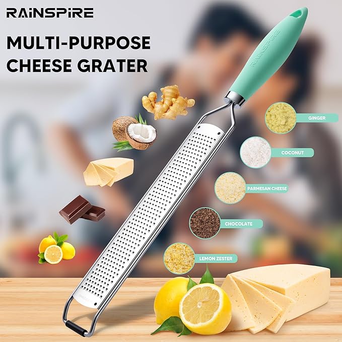 Rainspire Zester Grater with Handle, Lemon Zester Cheese Grater for Kitchen Stainless Steel, Parmesan Cheese Garlic Nutmeg Chocolate Fruits Vegetables Ginger Grater, Fine, Mint Green