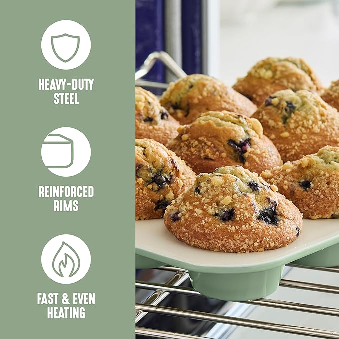 GreenLife 12-Cup Muffin Pan, PFAS-Free Healthy Nonstick Baking Tray, 11.4" x 1.9" x 15.9", Durable Ceramic Bakeware, Cupcakes, Egg Bites, Tarts, Brownies, Sage