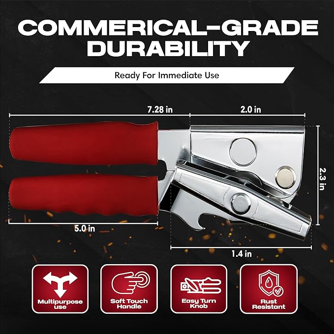 Chef-Master Commercial Can Opener, Multi-Purpose Can-Opener Manual, Easy Turn Anti-slip Grip Knobs, Sharp Cutting Discs, Manual Handheld With Soft Handle for Large Cans & Kitchen Use -90226