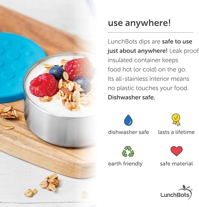 LunchBots 4.5 oz Stainless Steel Dressing Container for Condiments, Dips, Snacks, Dipping Sauce Cups with Silicone Lid, Fits in Lunch Bags and Bento Boxes - Set of 2 (Aqua)