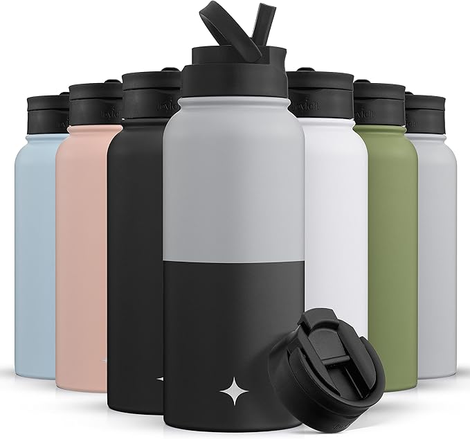 JoyJolt Triple Insulated Water Bottle with Straw Lid AND Flip Lid! 32oz Large Water Bottle, 12 Hour Hot/Cold Vacuum Insulated Stainless Steel Bottle. BPA-Free Leakproof Water Bottles - Thermos Bottle