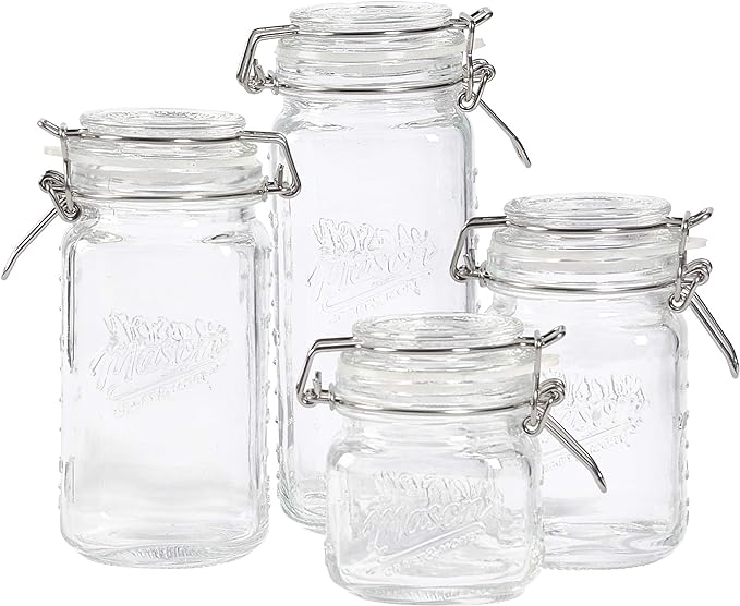 Mason Craft & More Airtight Kitchen Food Storage Clear Glass Clamp Jars, 4 Piece Mini Clamp Preserving Jar Set (7oz, 12oz, 17oz, and 22oz), (TTU-V1523)