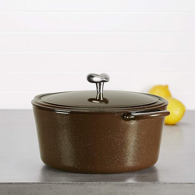 Ayesha Curry Cast Iron Enamel Casserole Dish/ Casserole Pan / Dutch Oven with Lid - 6 Quart, Brown Sugar