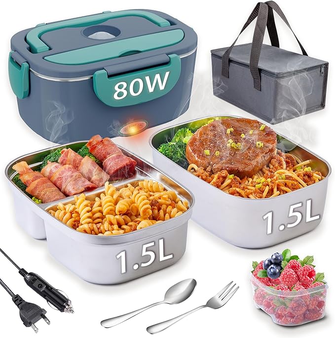 Nifogo Electric Lunch Box for Adults with 2 Stainless Steel Containers 1.5L 80W Heated Lunch Boxes for Men Electric LunchBox Food Heater Portable 12/24/110V for Work Car Truck (Blue)