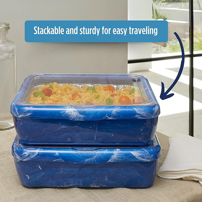 Fancy Panz - Blue Marble Premium Aluminum Foil Pan Carrier with Lid & Hot/Cold Pack - Elevated Food Serving Tray - Portable Casserole Carrier with Lid - Made in the USA Hosting Essentials