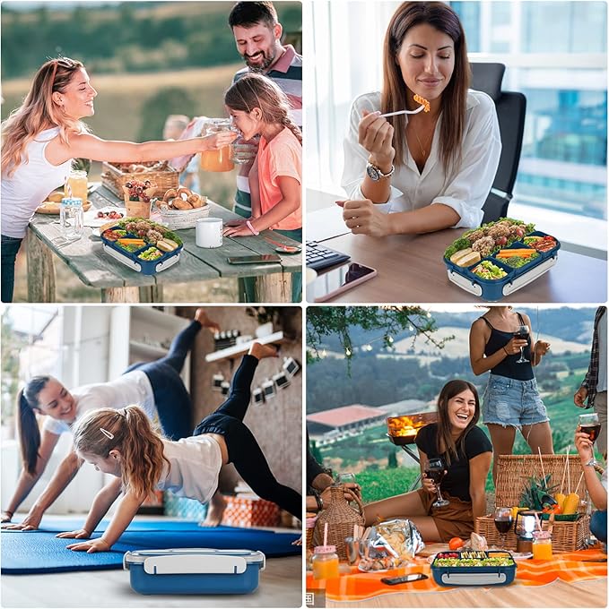 Bento Box, Lunch Box Kids, 1300ML Adult with 4 Compartment &Food Picks &Cake Cups, Containers for Adults/Kids/Toddler, Leak-Proof, Microwave/Dishwasher/Freezer Safe(Blue)
