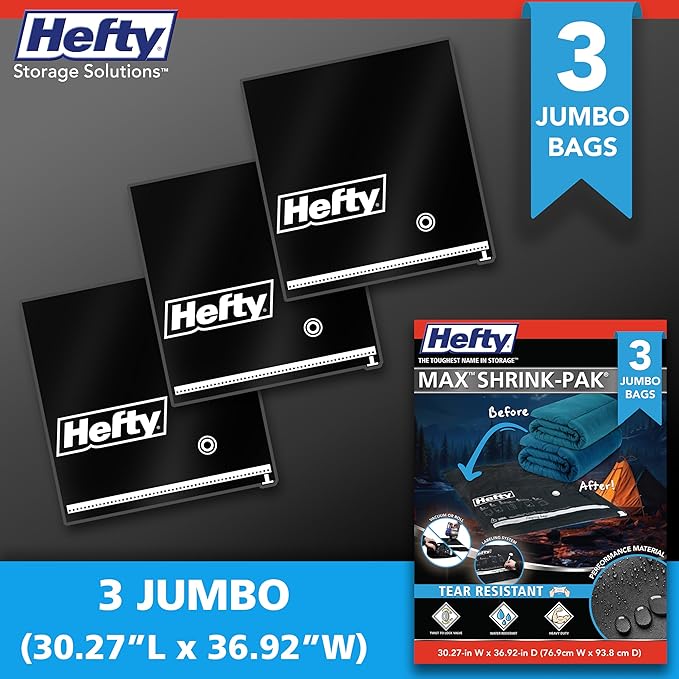 Hefty 3 Pack Vacuum Bags for Bedding, Large Vacuum Seal Storage Bags (30x36 Inch) Space Saving for Clothes, Pillows, Comforter Storage, Pump Included (3 Jumbo Bags Black)