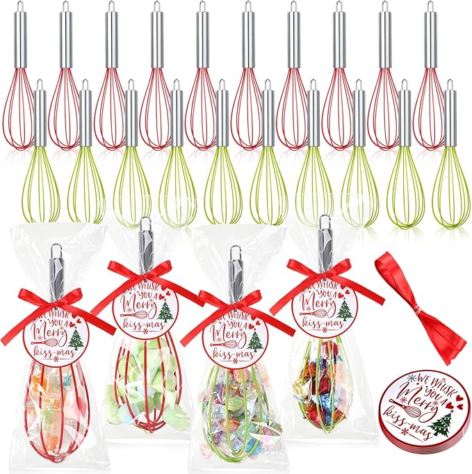 24 Sets 8 Inch Christmas Whisks Gifts DIY Fillable Christmas Tree Ornaments Xmas Colored Silicone Whisks for Cooking Heat Resistant Egg Beaters with Card Rope Bag for Candy Holder