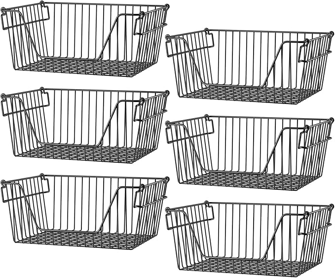 SANNO Stackable Basket Black Stackable Wire Baskets Stacking Bins for Vegetable Storage Pantry, Fridge, and Bathroom Organization,6 pack