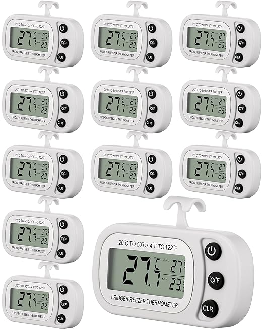 Frienda 12 Pack White Digital Fridge Thermometer Waterproof Refrigerator and Freezer Room Max/min Record Function LCD Screen Refrigerator Thermometer with Hook and Magnetic Back for Home