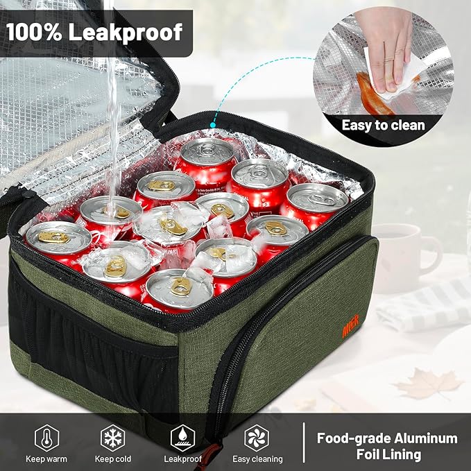 MIER Dual Compartment Lunch Bag Tote with Shoulder Strap for Men and Women Insulated Leakproof Cooler Bag, Army Green