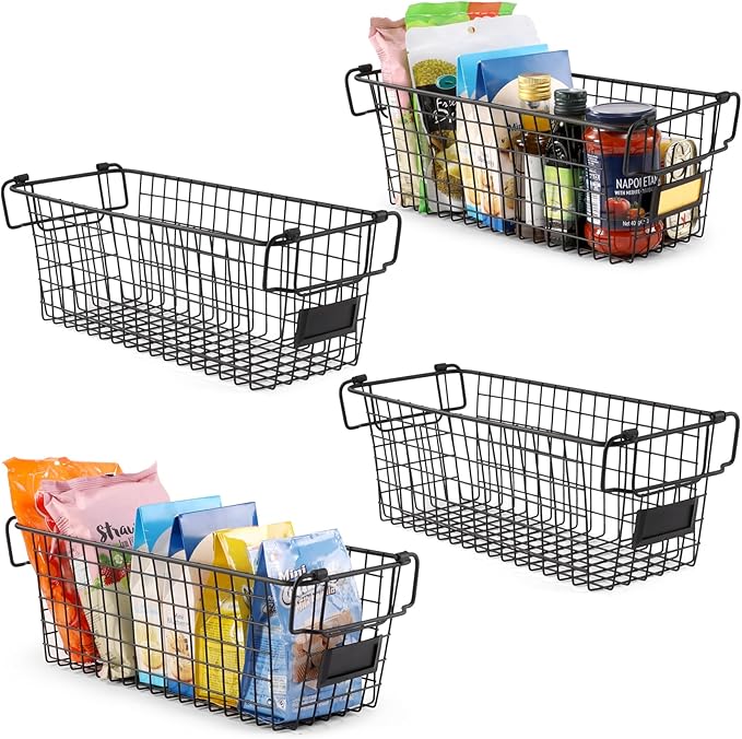 4 Pack [ XL Large ] STACKABLE Wire Baskets for Organizing - Pantry Storage and Organization Metal Bins for Produce, Food, Fruit - Kitchen Bathroom Closet Cabinet, Countertop, Under Sink Organizer