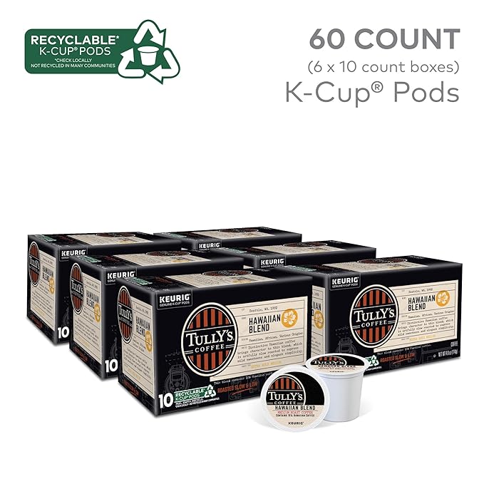 Tully's Coffee Hawaiian Blend, Keurig Single Serve K-Cup Pods, Medium Roast, 60 Count, (6 Packs of 10)