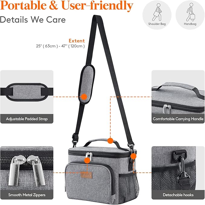 Lifewit Reusable Insulated Lunch Bag for Men, Lunch Box Women, Portable Cooler Freezable Soft Lunchbox Leakproof with Adjustable Shoulder Strap for Adult for Work Picnic or Travel, Grey 9L