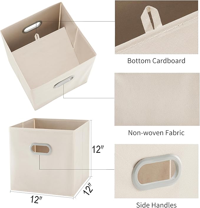 MAX Houser 6 Pack Foldable Fabric Storage Bins with Handles - Ideal for Closet Organization, Bedroom and Nursery（ Beige, 12"x12"x12"）