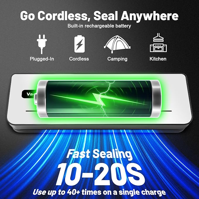 Cordless Vacuum Sealer Machine with UV-C Light, Digital Display & Built-in Cutter, Compact Rechargeable Food vacuum Sealer for Dry & Moist Foods, Includes 10 Pre-cut Bags & 1 Roll Bag (Sliver)
