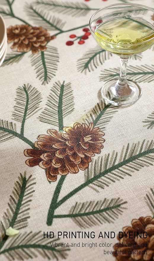 ISAENNE Designer Christmas Beige Linen Small Rectangular Tablecloth,Pinecones Pattern Indoor Tablecloths,Washable Decor Table Cloth for Dining Thanksgiving Kitchen Christmas,55"*71"-Carol B