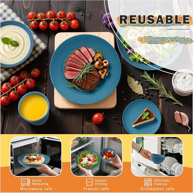 Wheat Straw Dinnerware Sets, 32 PCS Dishes Set for 8, Unbreakable Lightweight Reusable Plates and Bowls Sets for Kitchen Outdoors RV Camping Patio, Dishwasher & Microwave Safe - Blue