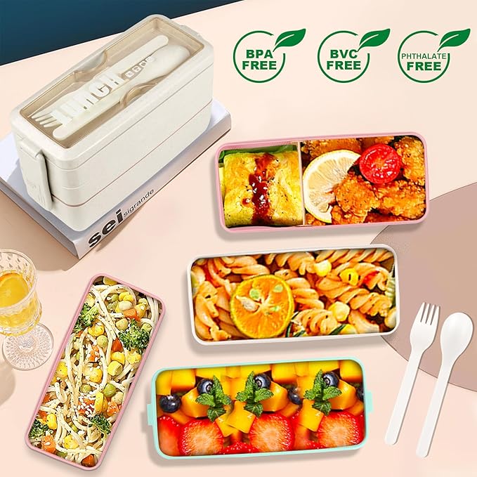 Iteryn Stackable Bento Box with Lunch Bag, 3 Compartment Japanese Lunch Containers, Wheat Straw, All-in-1 Bento Lunch Box Kit for Adult Meal Prep Lunch Snack