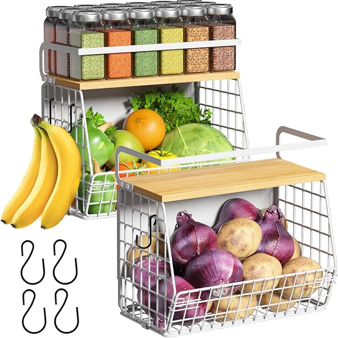 Magnetic Shelf for Fridge with Wood Lid, Fruit Potato and Onion Storage Bins, Pantry Organizers & Storage, Large Container Magnetic Spice Rack for Refrigerator, Kitchen Counter (White, 2)