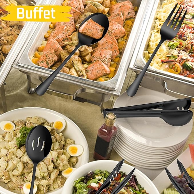 Large Black Serving Utensils Set of 12, E-far Stainless Steel 9.8 Inch Serving Spoons Slotted Spoon, 9.9 Inch Forks, 9.4 Inch Tong for Buffet Catering, Mirror Finish & Dishwasher Safe