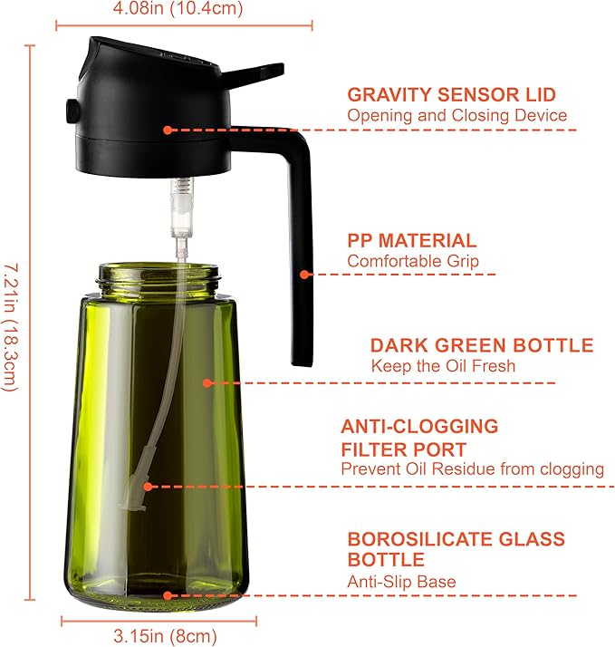 CXINYI - 16oz/470ml Olive Oil Dispenser for Kitchen with Stickers - 2 in 1 Olive Oil Sprayer for Cooking, Air Fryer, and Salad, Black&White (Light-Proof Kitchen Gadget)