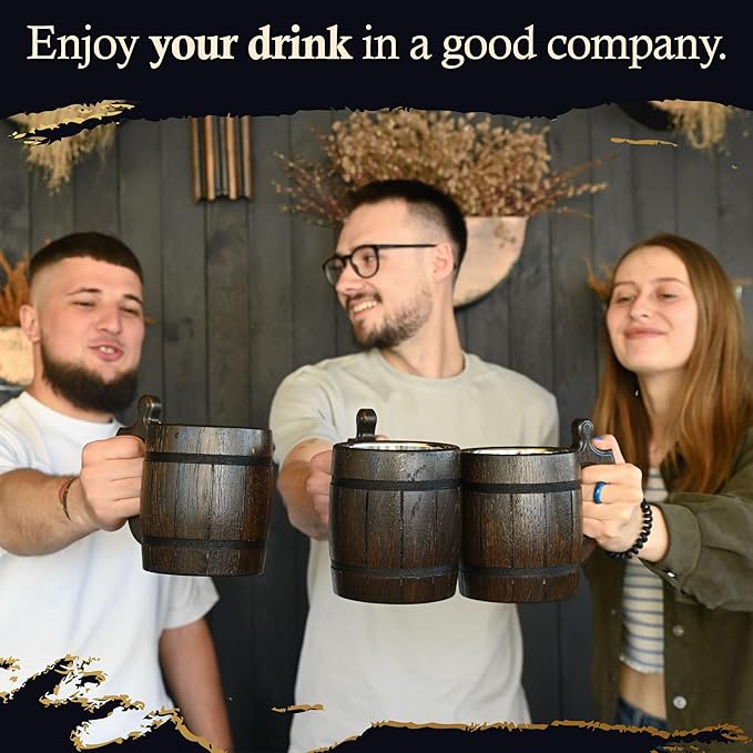 MFC Beer Mug 20 OZ - Tankard Mug - Beer stein - Wooden beer mug - Stainless Steel Cup - Handmade Gifts for Men - Fathers Day, Christmas or Birthday Gift Idea - Men Mug - Barrel Brown