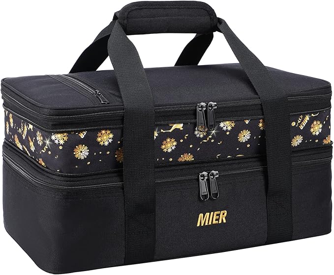 MIER Insulated Double Casserole Carrier Bag for Lasagna Lugger, Potluck Parties, Picnic, Beach, Fits 9 x 13 Inches Baking Dish, Casserole Dish, Expandable, Black
