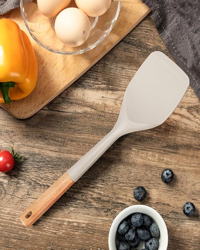 Nonstick Silicone Spatula, Non Scratch Flexible Edge for Pans, Slip Resistant comfortable Wooden Handle, Heat Resistant BPA-Free Kitchen Spatulas for Cooking, 13.2 Inch, Khaki