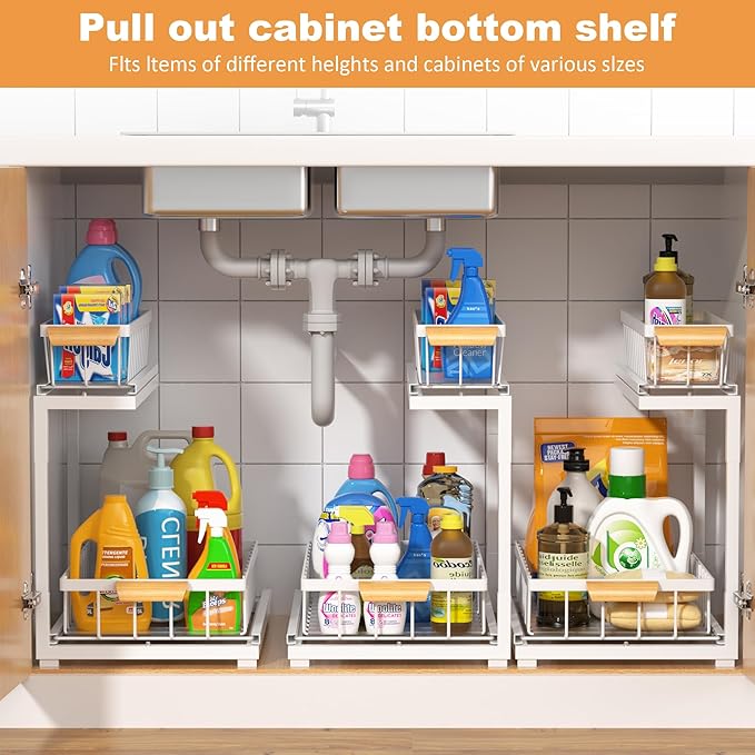 Under Sink Organizer,2 Tier Under Sink Organizers and Storage,Slide Out Pull Out Cabinet Organizer Shelf, Metal Sliding Drawer for Kitchen Bathroom Pantry Cabinet Closet Organization Rack
