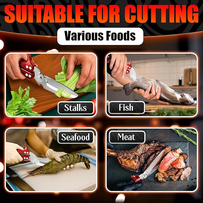 4-in-1 Kitchen Shears Heavy Duty – Sharp Seafood, Turkey Shears & Chicken Scissors with Non-Slip Metal Handle & Micro-Serrated Blades for Meat – Spring-Loaded Bone Cutting Scissors with Safety Lock