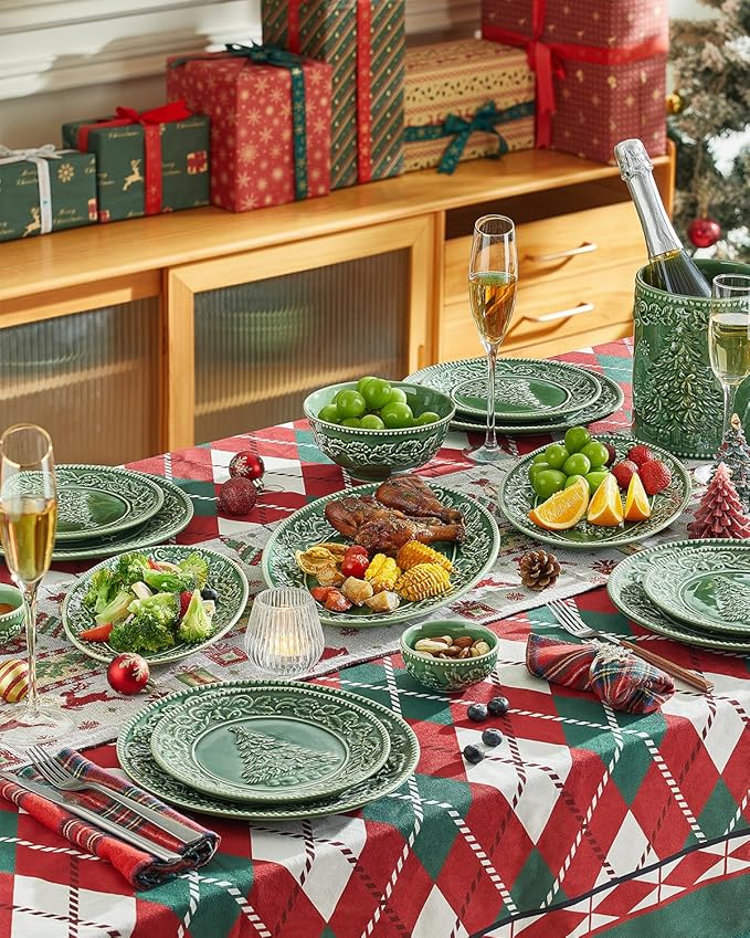 Christmas Tree Serving Platters, 14.5"/ 12.5"/11" Ceramic Oval Serving Trays, Green Serving Plates, Dishwasher and Microwave Safe, Set of 3