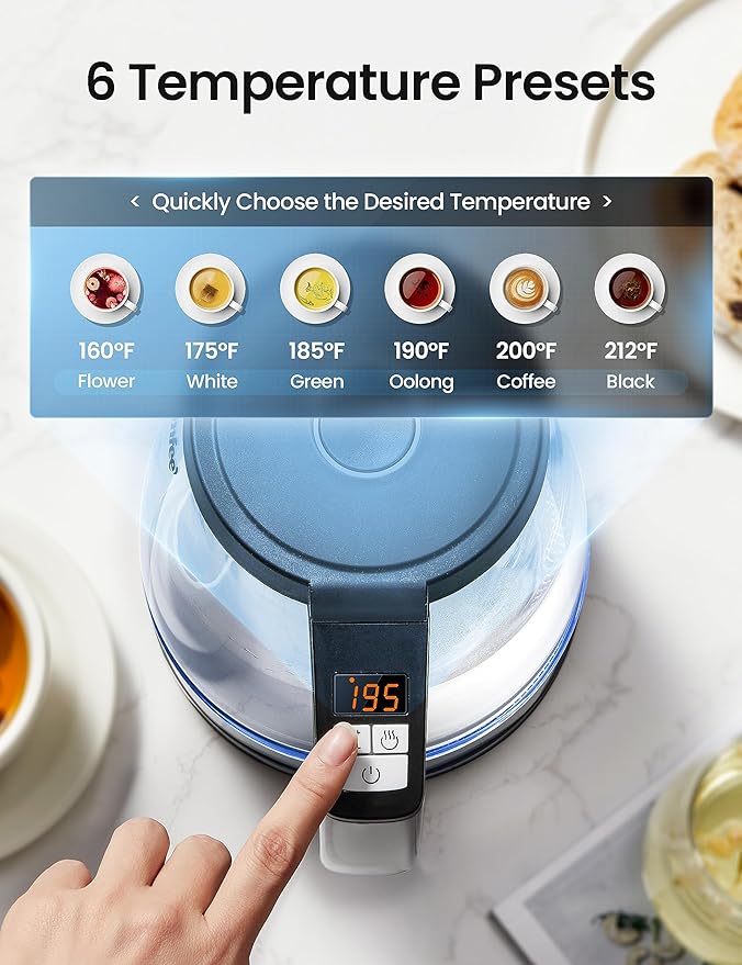 COMFEE' 1.7L Glass Tea Kettle and Kettle Water Boiler - Electric Kettle Temperature Control with 6 Presets, 2-Hr Keep Warm, Fast Heating, 304 Stainless Steel, Auto-Off and Boil-Dry Protection