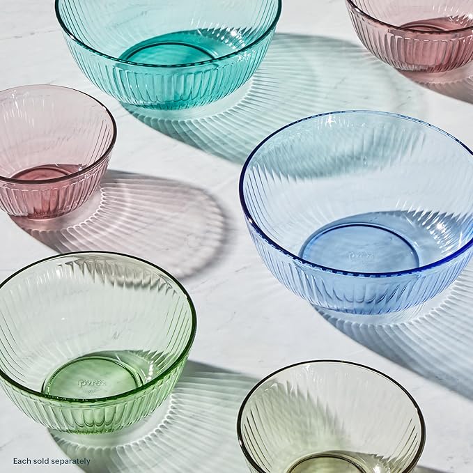 Pyrex Colors Tinted (3-Pack, Full Set) Sculpted Tinted Glass Mixing Bowls With Lids, Nesting Space Saving Set of Bowls For Prepping and Baking, 1.3QT, 2.3QT & 4.5Q, Aqua