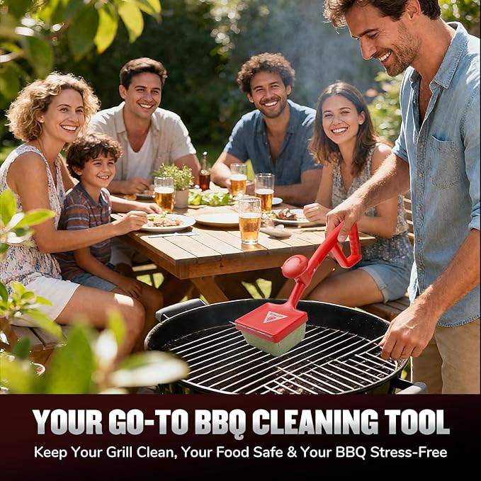 Steam Grill Brush Bristle Free, Safe Cleaning BBQ Grill Brush with Scraper, Replaceable & Dishwasher-Safe Scrub Head, Grill Cleaner Tool with Durable Ergonomic Handle, Red