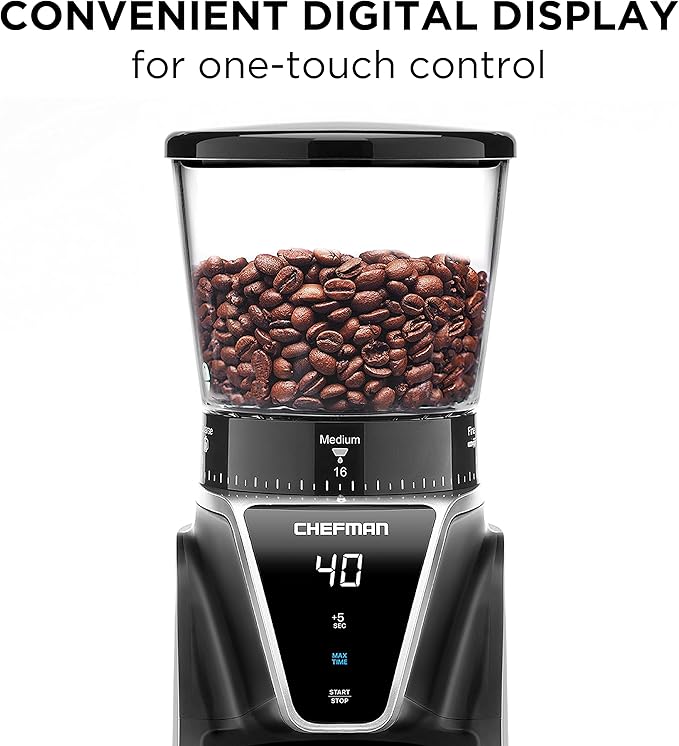 Chefman Conical Burr Coffee Grinder, Create The Boldest & Most Flavorful Grind With 31 Settings From Coarse To Extra Fine, One-Touch Digital Control & 9.7-oz Bean Capacity, Black