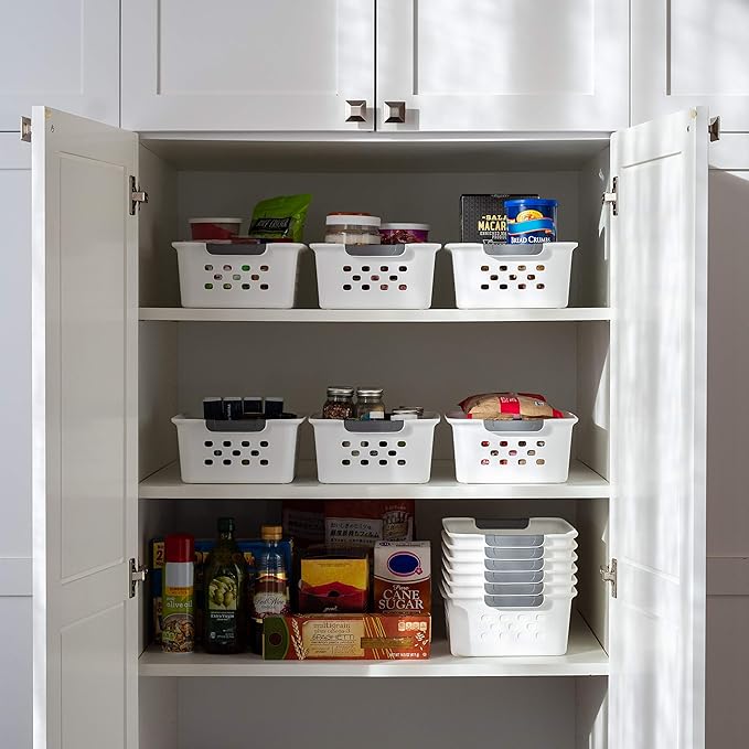 IRIS USA Plastic Basket, 8-Pack, Small, Shelves Storage Basket for Organizing Pantry Cabinet Bedroom Office Craft Room, White