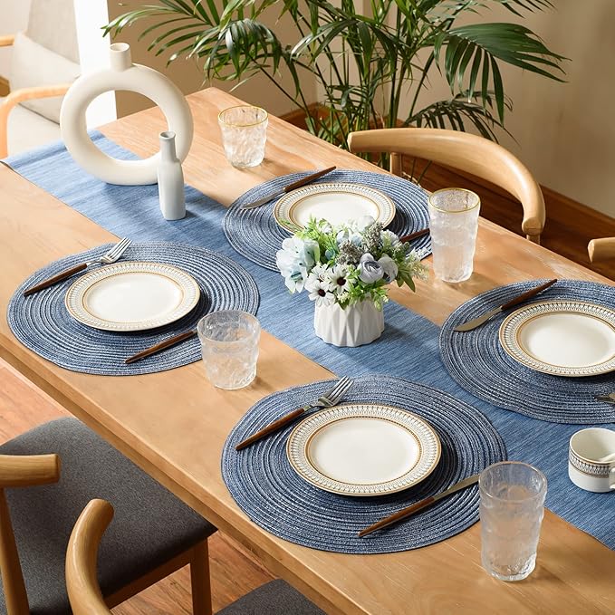 FunWheat Round Braided Placemats Set of 4 Place mats for Dining Tables Woven Heat Resistant Table Mats 15 inch (E Klein Blue, 4pcs)