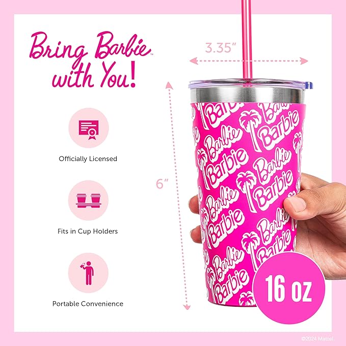 Dragon Glassware x Barbie Vacuum Insulated Tumbler with Lid and Straw - 16 oz Tumbler Cup with 2 Straws - Stainless Steel Tumbler with Straw for Water, Iced Tea - Travel Coffee Tumbler - Classic