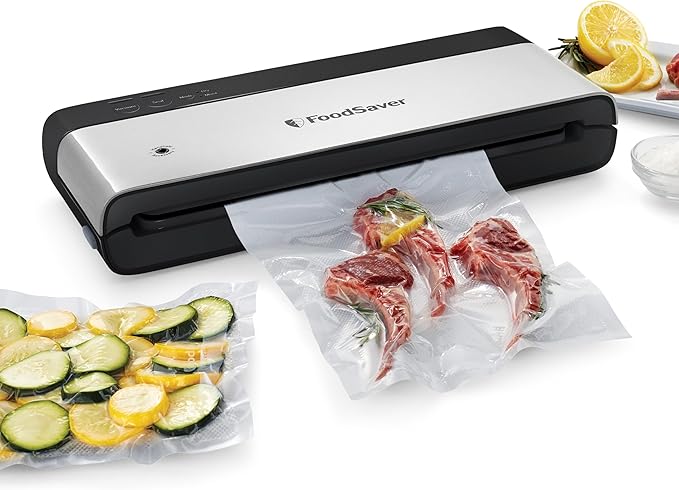 FoodSaver PowerVac Compact Vacuum Sealing Machine Stainless Steel & Black Vertical Storage VS0150 | Preserves freshness reduces bag waste for both dry and wet food