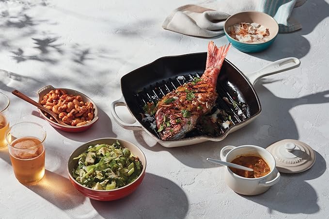 Le Creuset Enameled Cast Iron Signature Square Skillet Grill, 10.25", Oyster