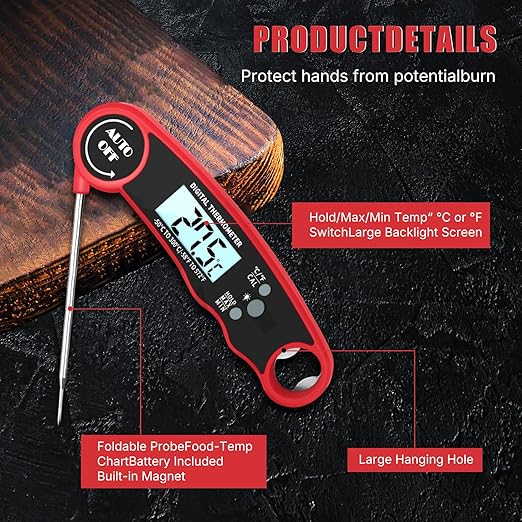 Grill Meat Thermometer Digital, Digital Instant Read Food Thermometer, Waterproof Cooking Probe, LCD Display, Temperature Guide BBQ Accessories Grill Gifts for Men Him Dad Fathers Day