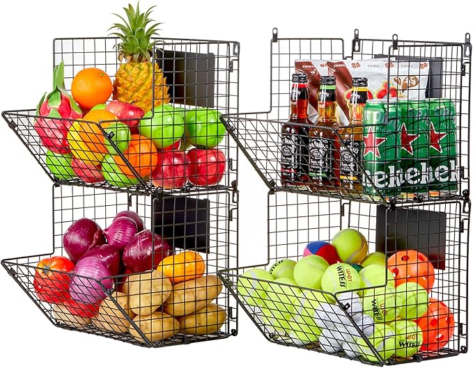 X-cosrack Metal Wire Basket Wall Mount, 4 Tier Extra Large Wall Storage Basket Organizer with Chalkboards, Kitchen Fruits and Vegetables Produce Bin Rack Toys Organizer Bathroom Tower Baskets (Black)