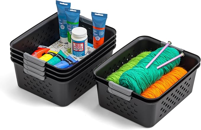 IRIS USA Plastic Basket, 6-Pack, Medium, Shelves Storage Basket for Organizing Pantry, Cabinet, Bedroom, Closet, Laundry Room, Office, Black