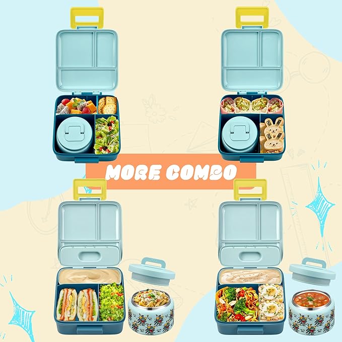 Bento Lunch Box for Kids with 8oz Soup Thermo Leak-Proof Lunch Food Containers with Snack Sauce Container for Kid Toddler Girls Boys to School (Screaming Dinosaur)