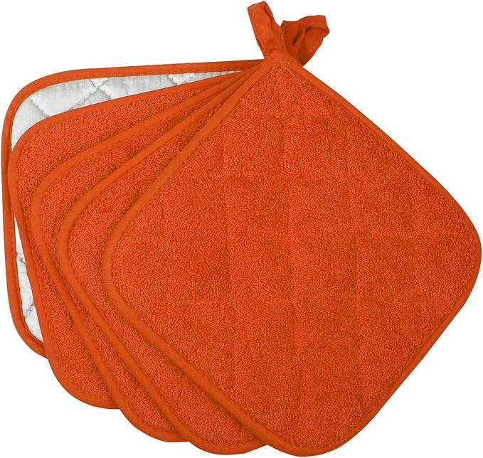 100% Cotton Kitchen Everyday Basic Terry Pot Holder Heat Resistant Coaster Potholder for Cooking and Baking Set of 5 Orange
