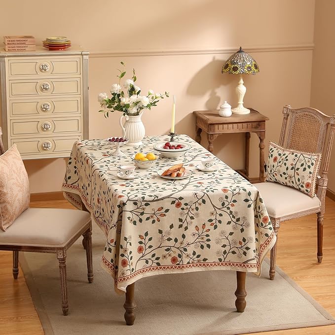ISAENNE Designer Floral Long Rectangle Tablecloth,French Linen Light Beige Indoor Table Cloth,Fall Wrinkle Resistant Decor Tablecloths for Dining Thanksgiving Kitchen Party,63"*102"-Flora A