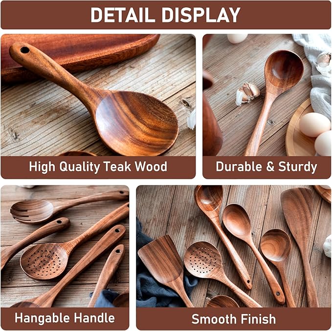 FJNATINH Wooden Spoons for Cooking, 8 Pcs Nonstick Wooden Cooking Utensils Set,Nonstick Natural and Healthy Kitchen Utensil（8 Pcs）